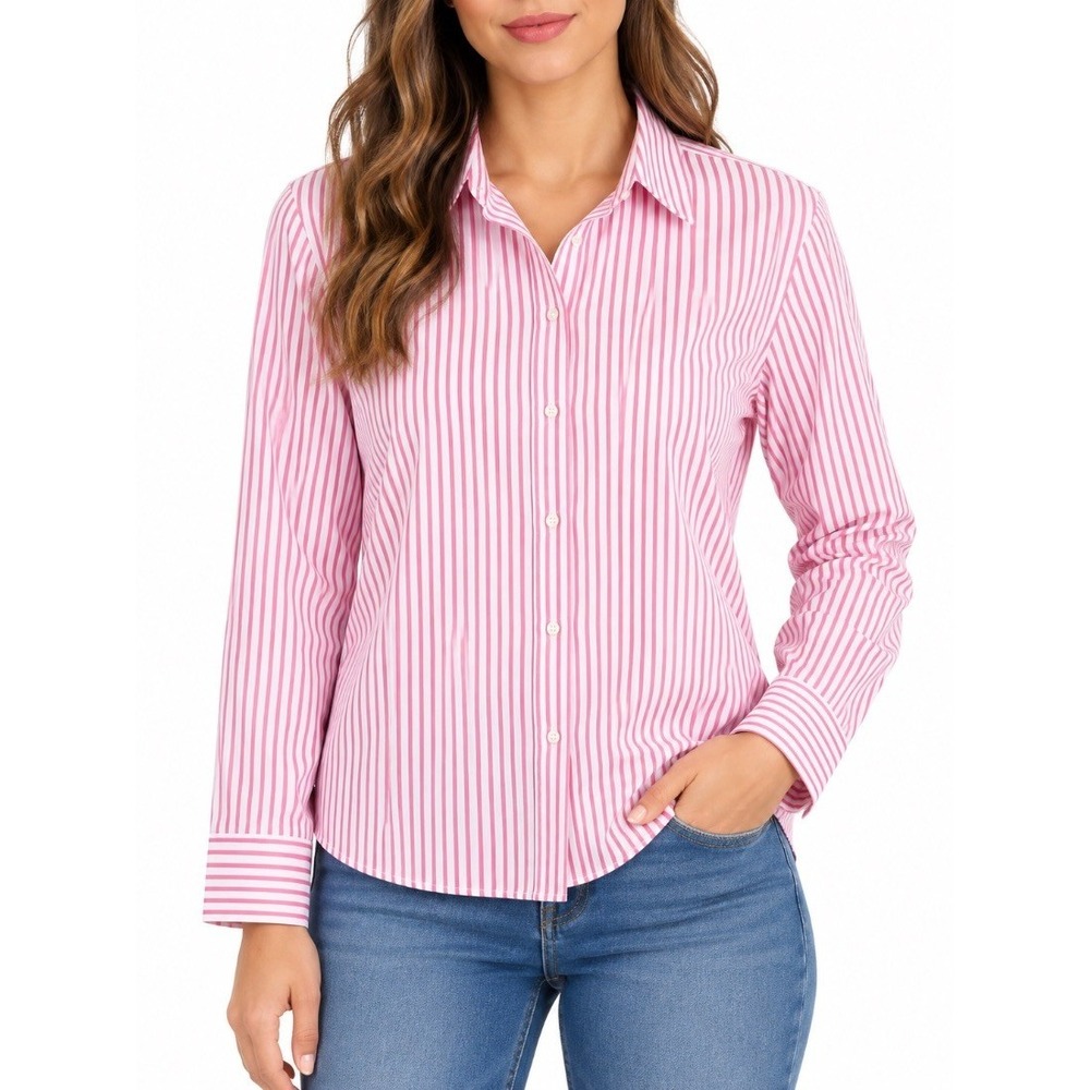 Chaps Womens Button Down Shirt Pink White Stripe No Iron Cotton XL